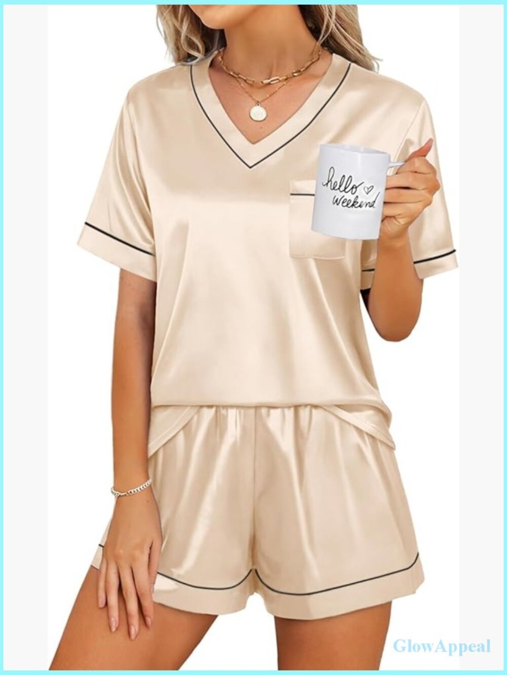 Short Sleeve Silk Pajama Set for Women Loungewear 2 Piece Pjs